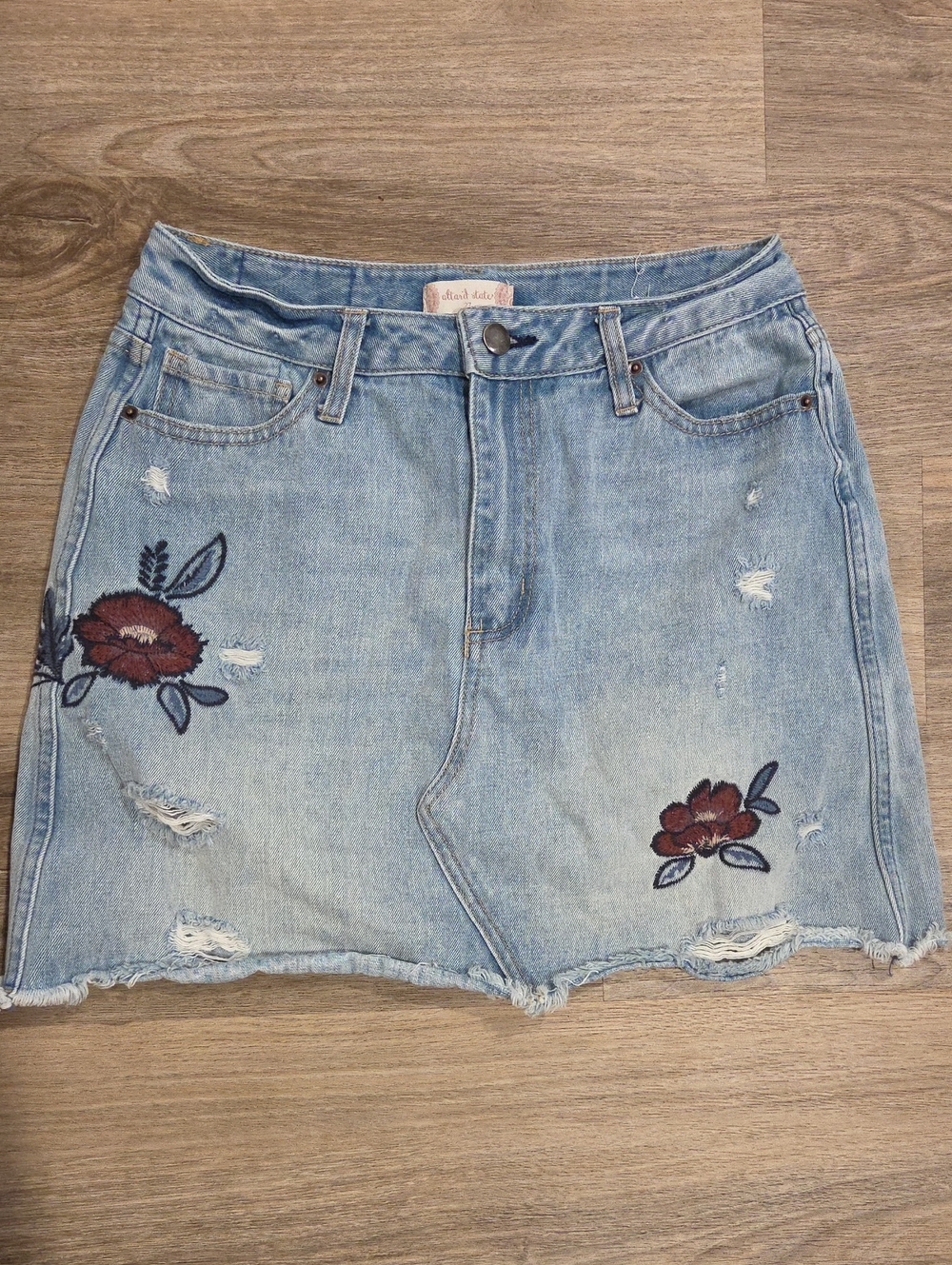 Altar'd State Light Blue Embroidered Distressed Denim Mini Skirt Size 27/